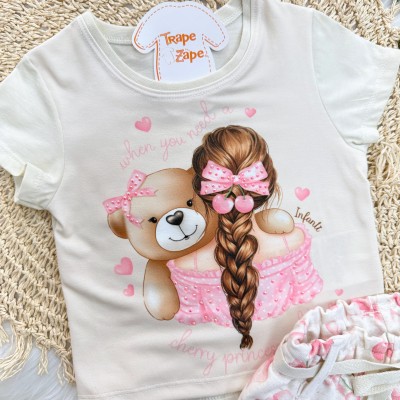  Conj. Blusa Cherry Princess Girl e Short em Linho - Areia